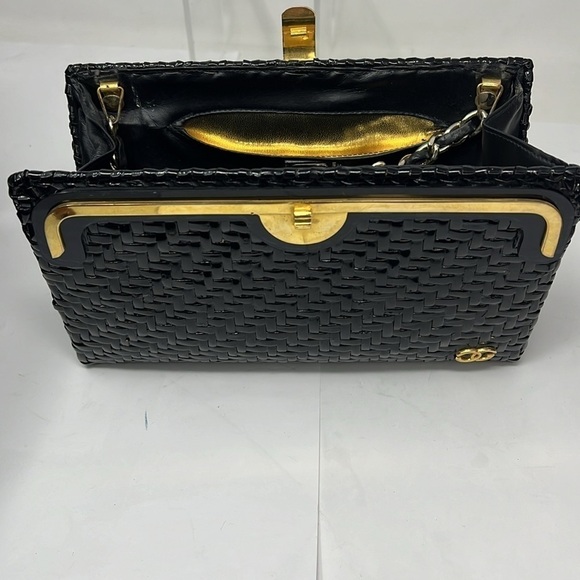Greta Italy Vintage Black Lacquered Woven Structured Wicker Clutch Shoulder Bag - Picture 6 of 13